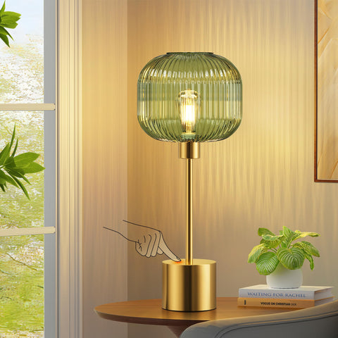 QiMH glass table lamp with green ribbed shade enhances ambiance in living rooms.