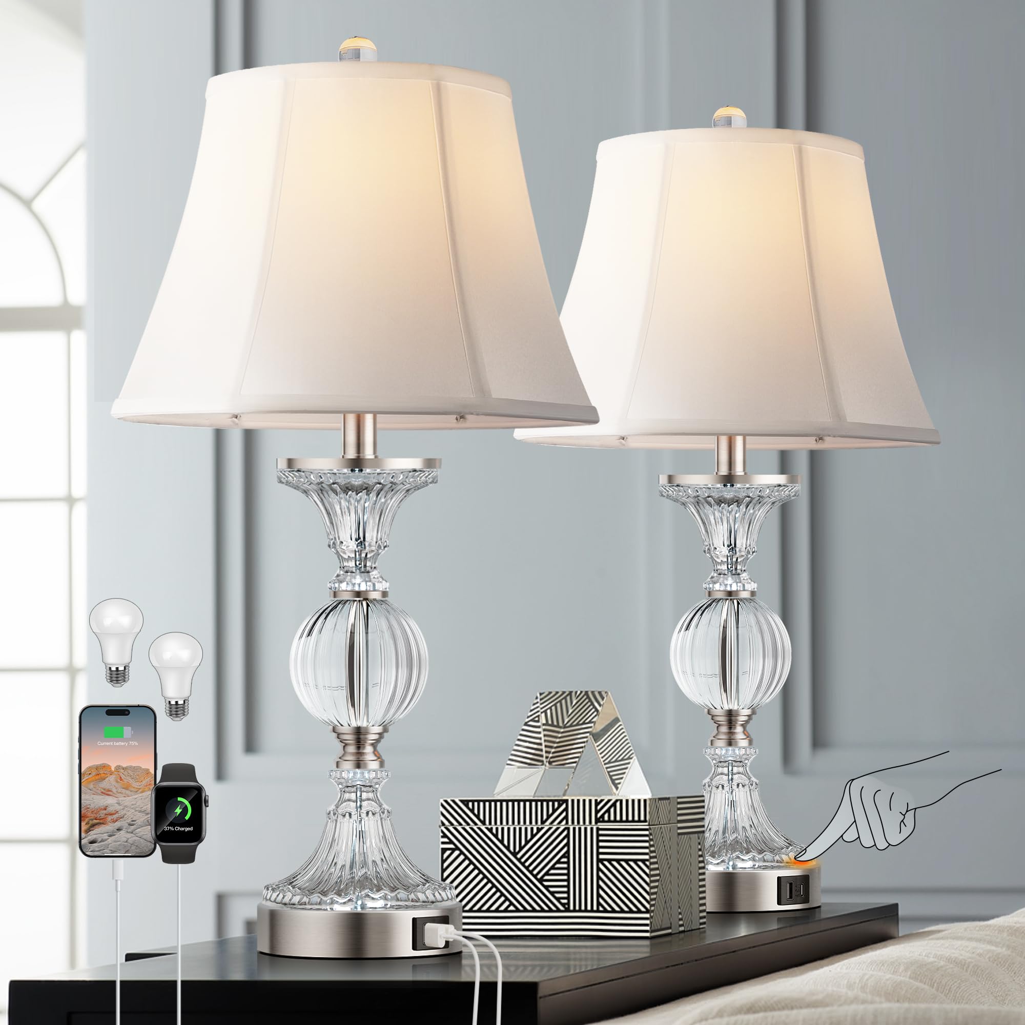 QiMH glass table lamp for living room enhances warm ambiance with textured glass.