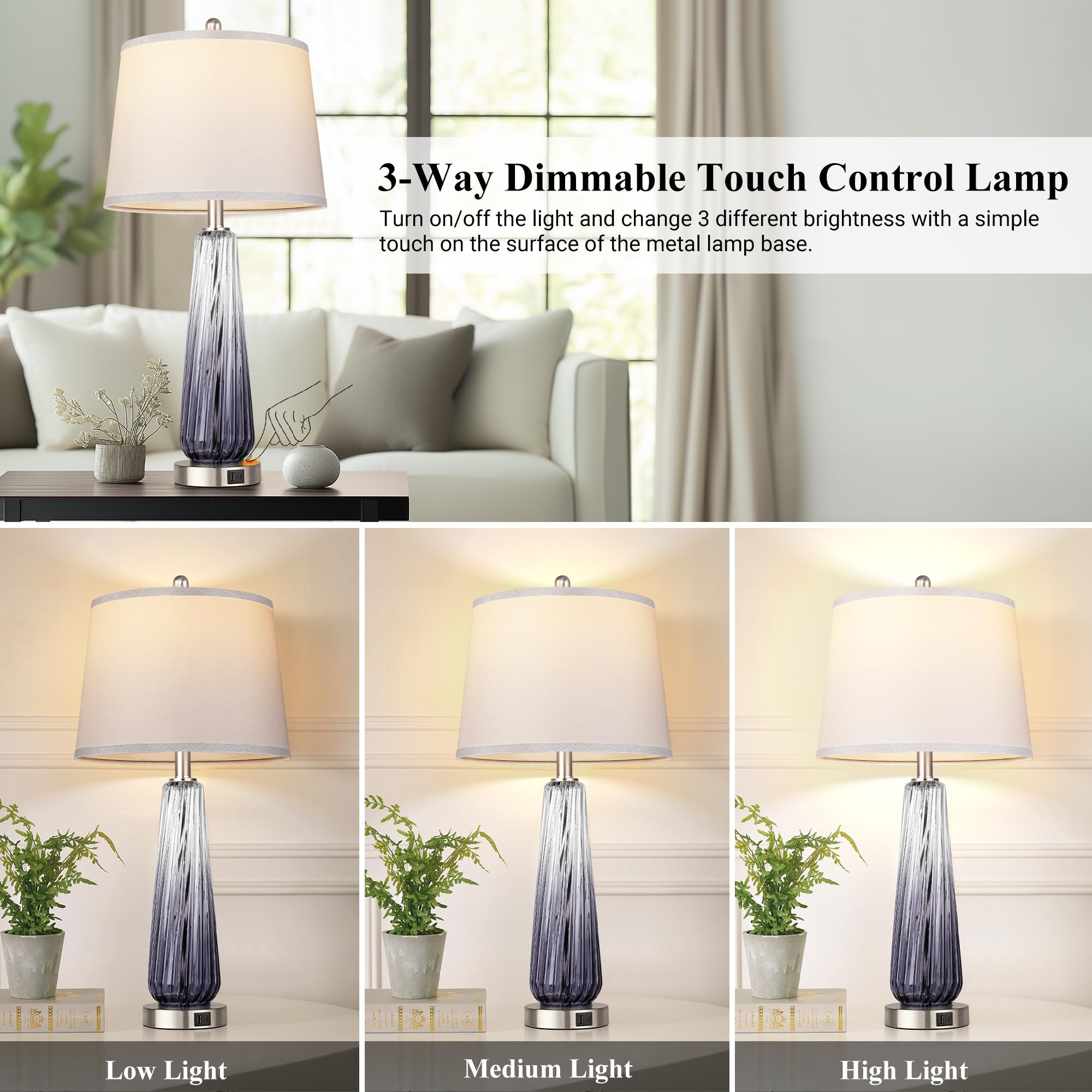 QiMH glass table lamp base detail with silver finish for sturdy living room setup