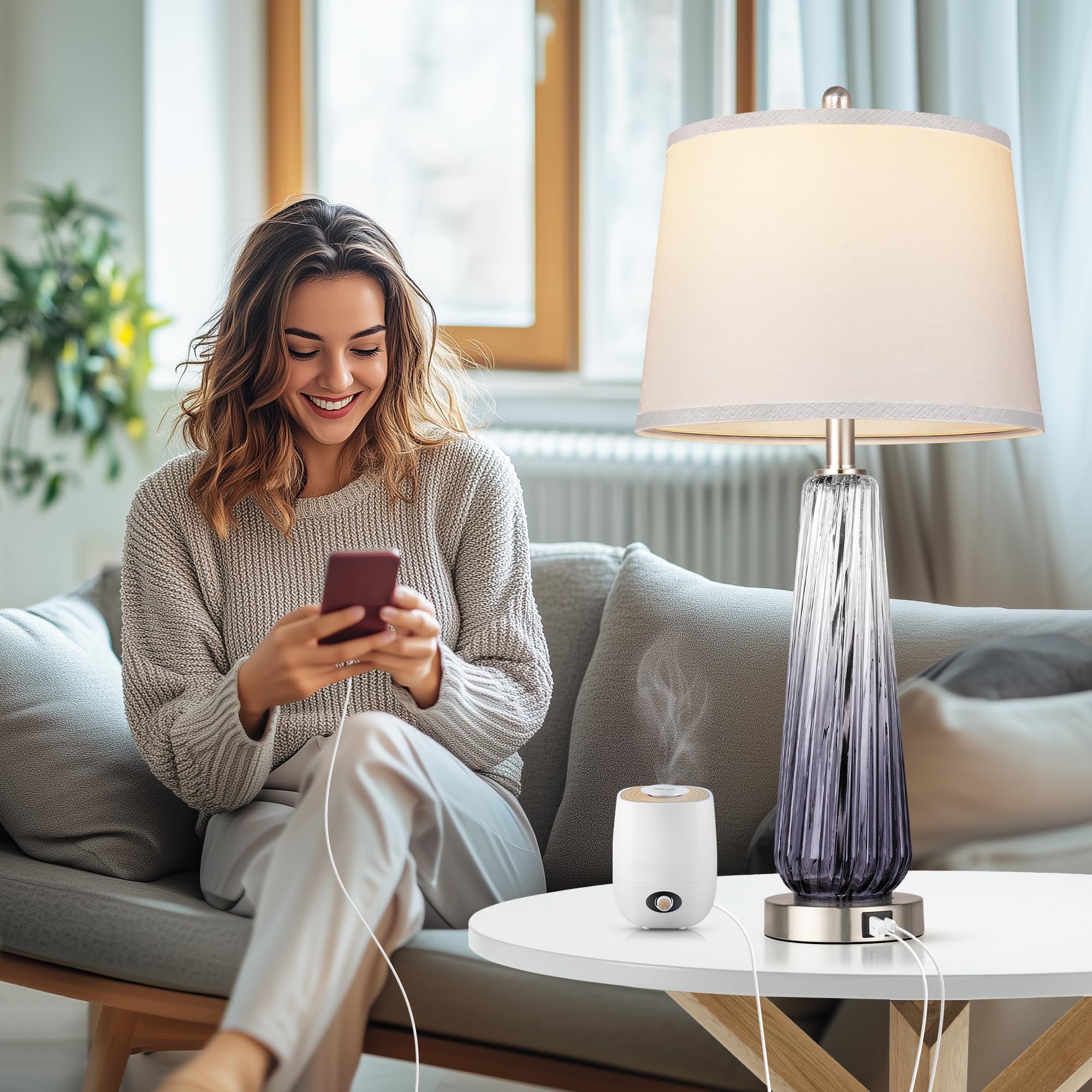 QiMH bedside lamps on nightstand with USB ports for charging devices