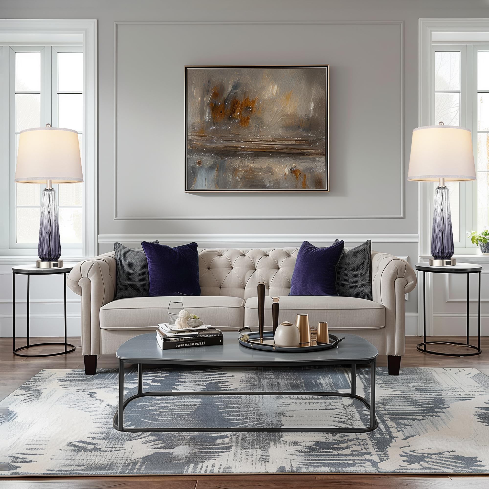 QiMH lamps lit in living room corner with gradient glass glow for atmosphere