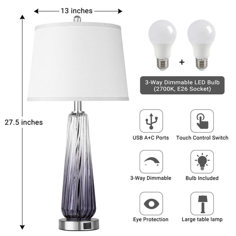 QiMH glass table lamps in packaging showing easy setup and included bulb