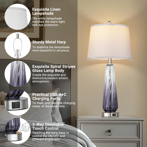 QiMH glass table lamp shade closeup highlights white linen diffusion for cozy lighting