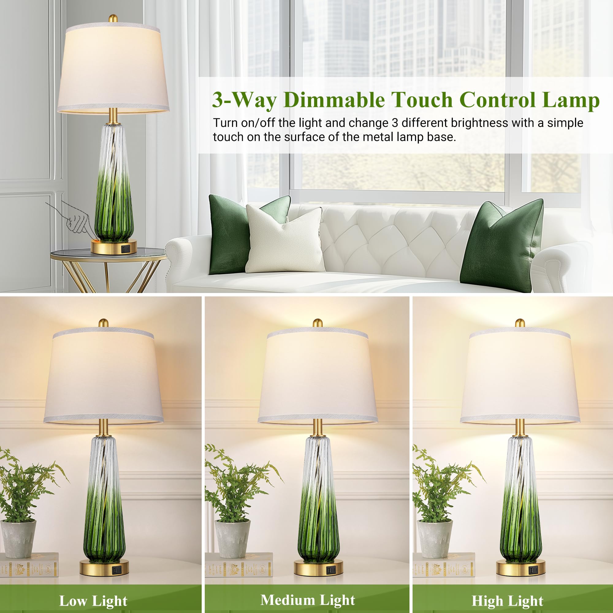 QiMH 3-way touch control bedside lamp on gold base for effortless brightness.