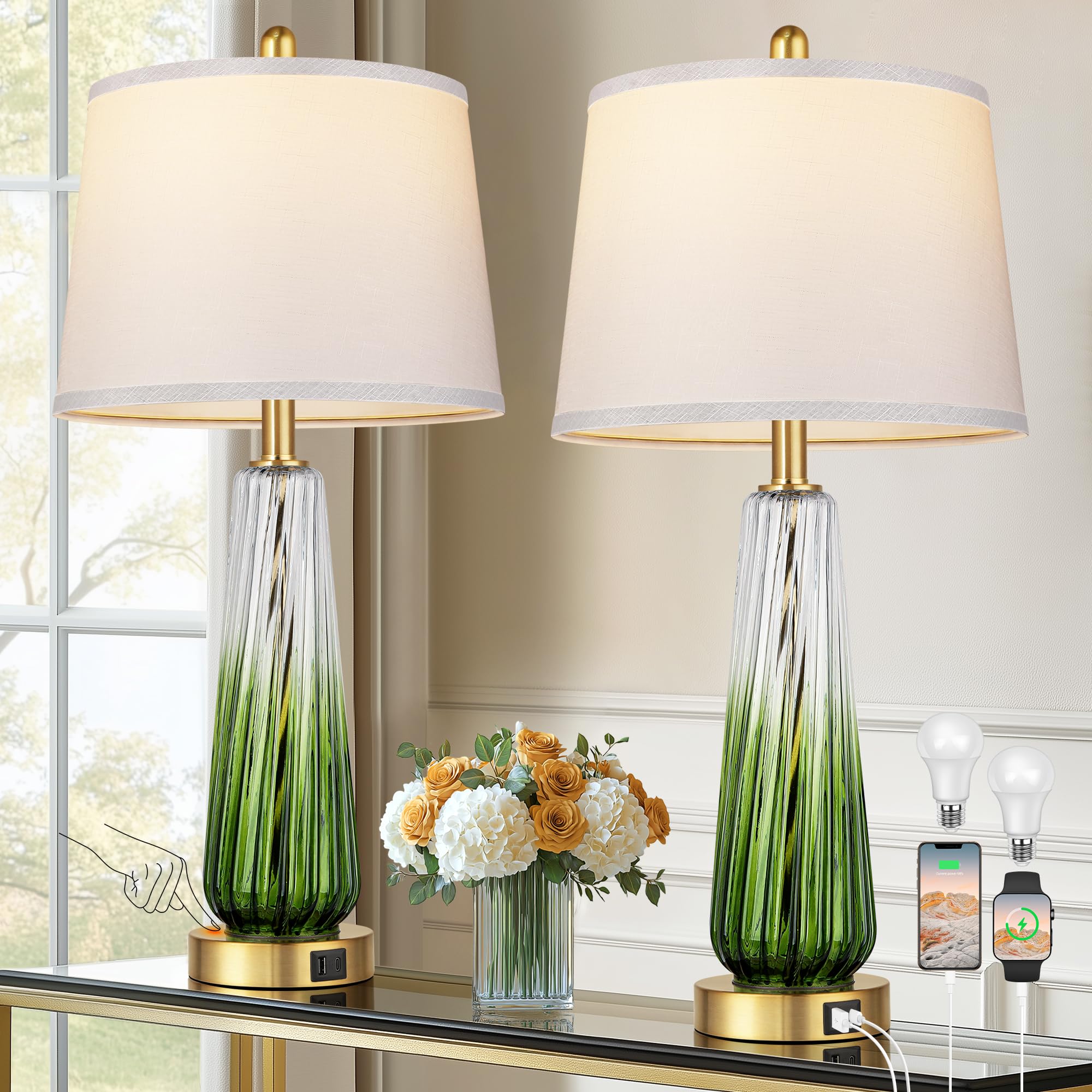 QiMH glass table lamp set with green gradient finish for elegant bedroom ambience.