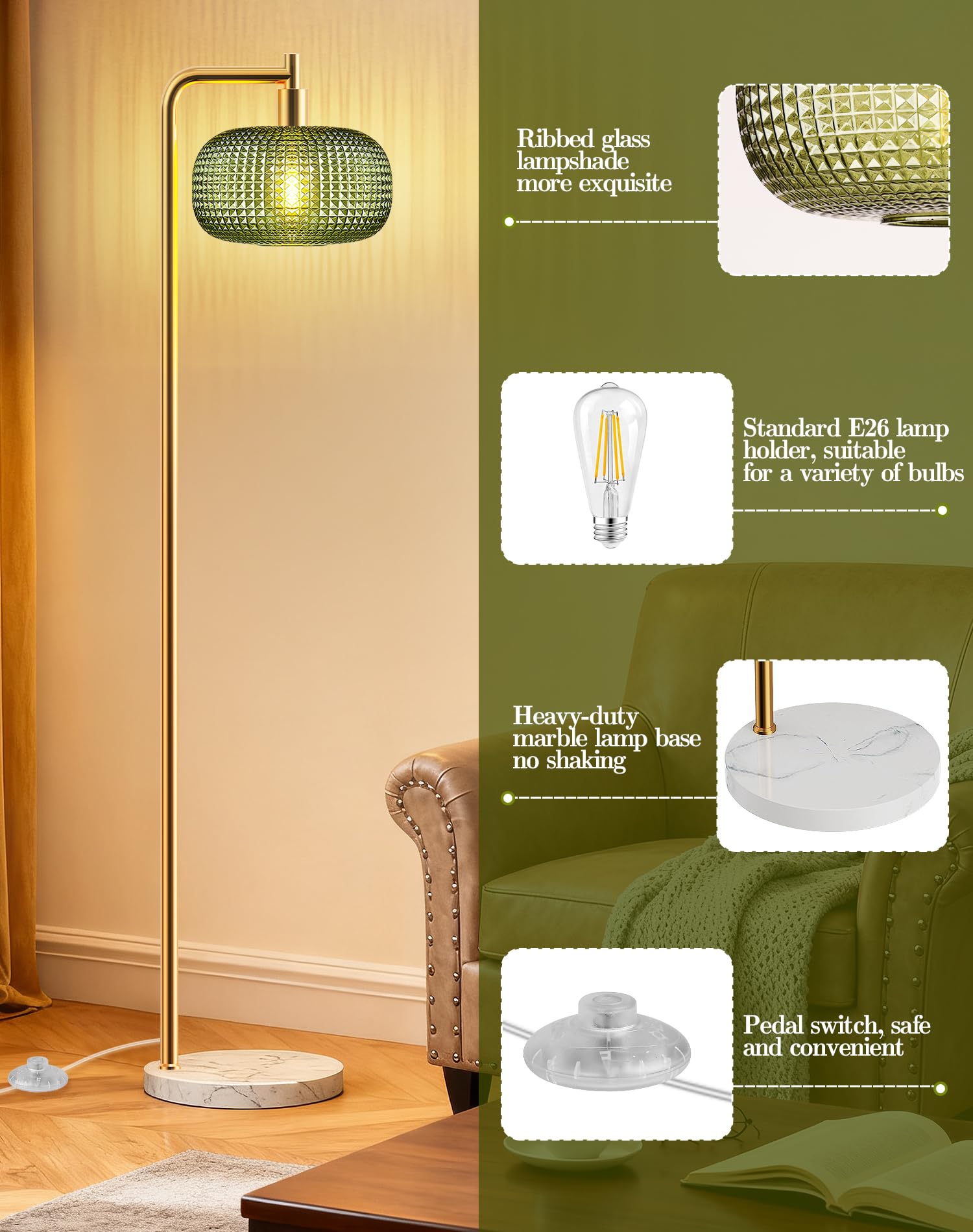 QiMH Gold floor lamp foot-switch enables hands-free on/off.