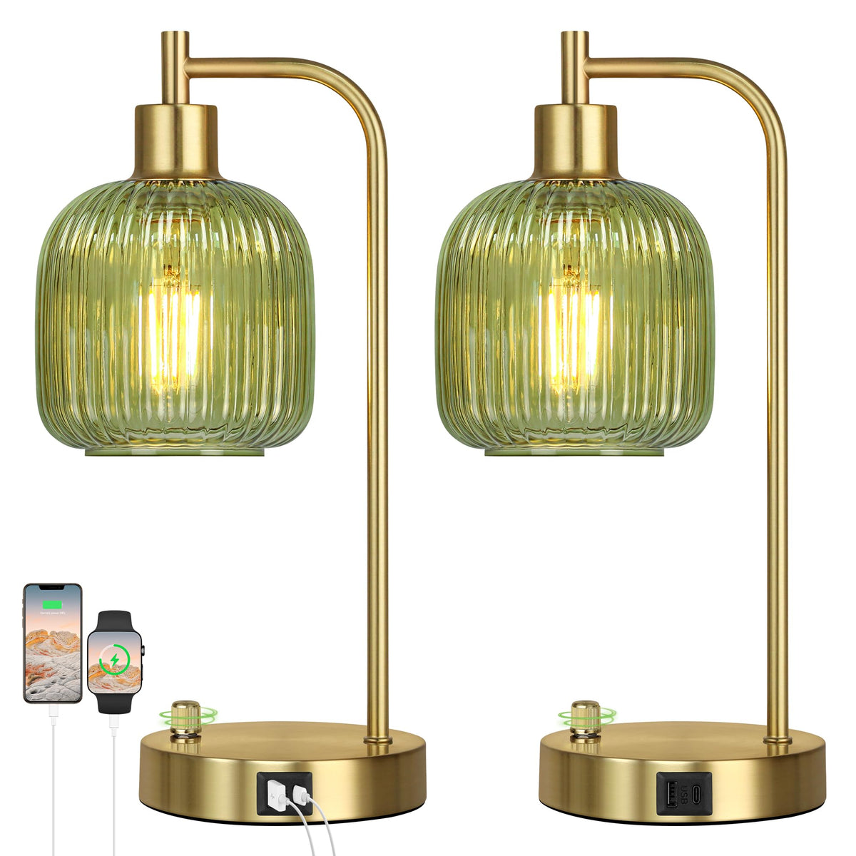 QiMH industrial table lamp with green glass shade for ambient bedside lighting.