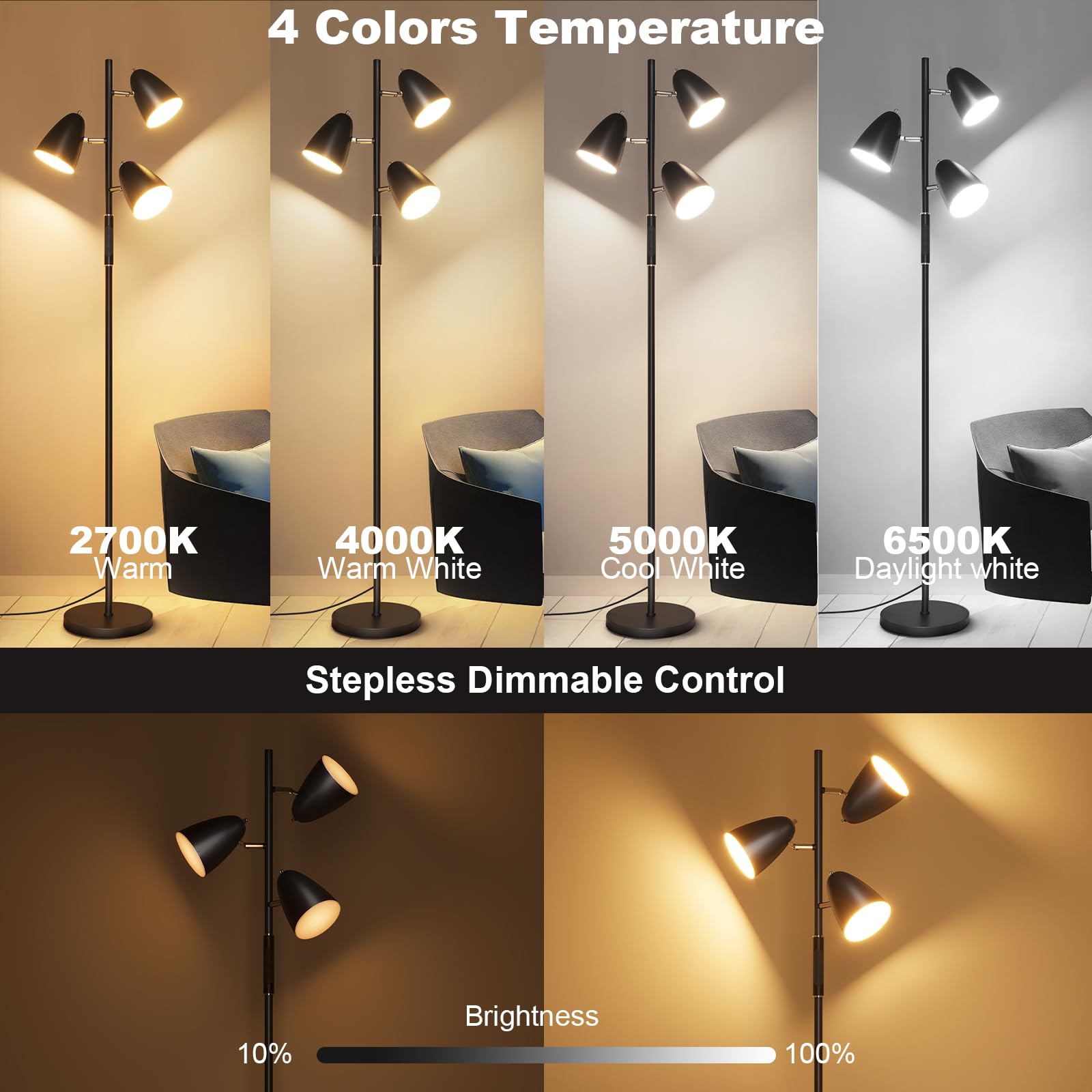 QiMH LED floor lamp with 3 independent heads for targeted reading and relaxing illumination.