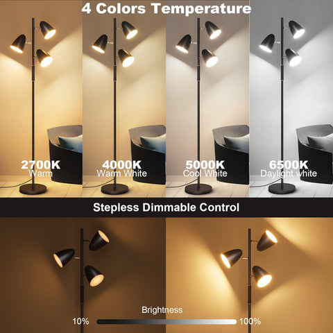 QiMH LED floor lamp with 3 independent heads for targeted reading and relaxing illumination.