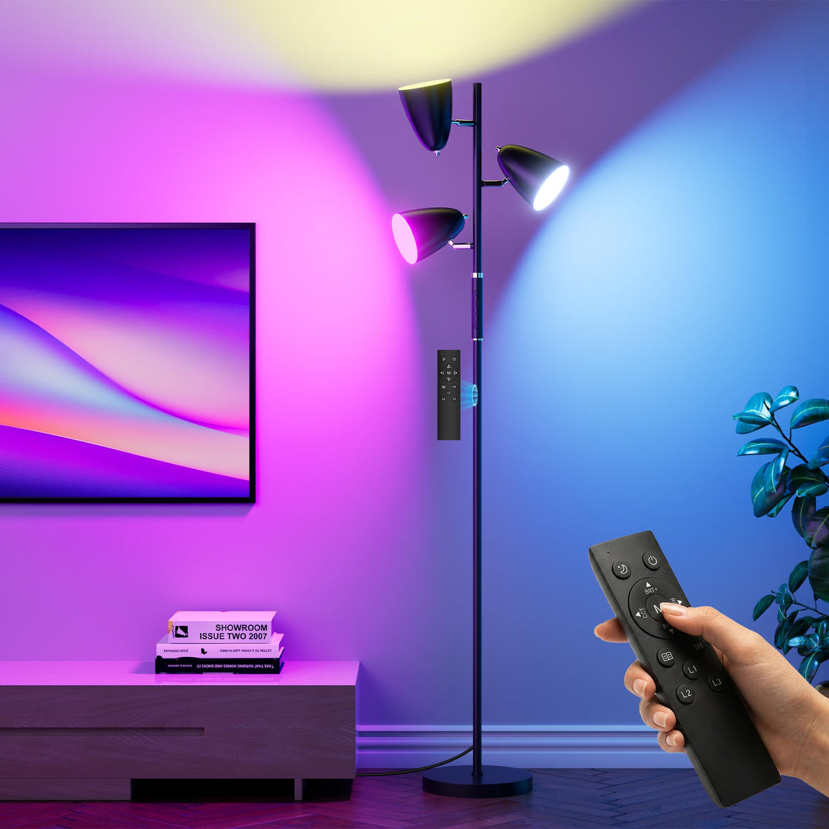 QiMH LED floor lamp with three heads in a living room offering versatile reading and ambience.