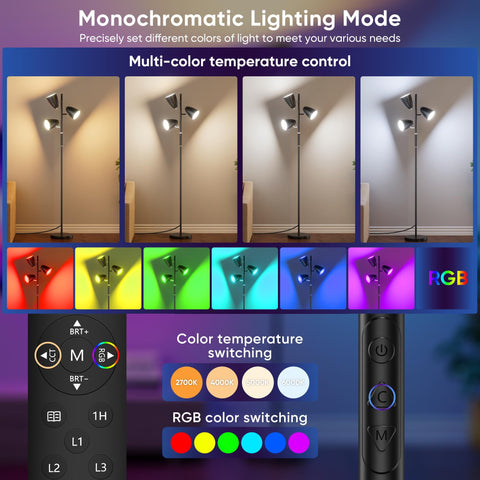 QiMH LED floor lamp shown with remote control for easy brightness and color tweaks.