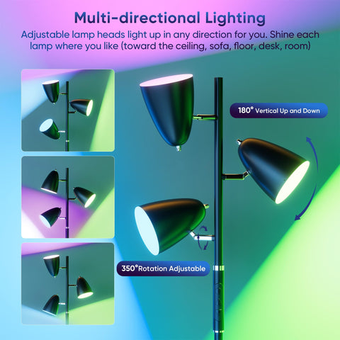 QiMH LED floor lamp displaying RGB color modes for vibrant party ambience.