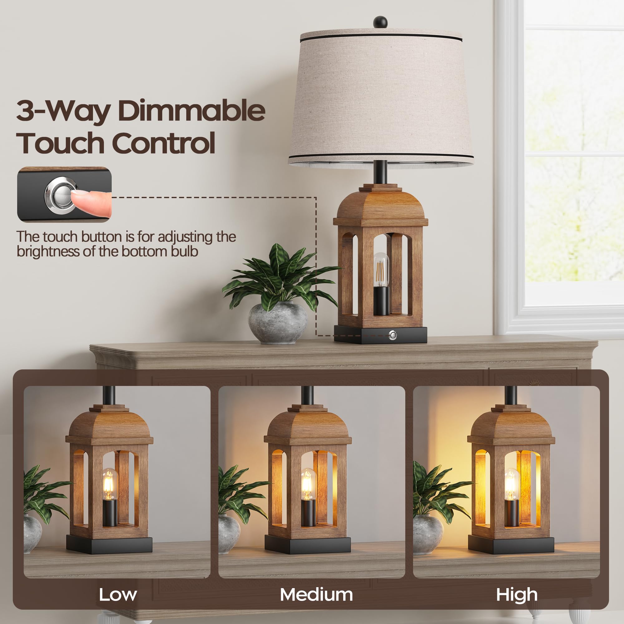 QiMH lamp with natural linen drum shade softens light for cozy evenings