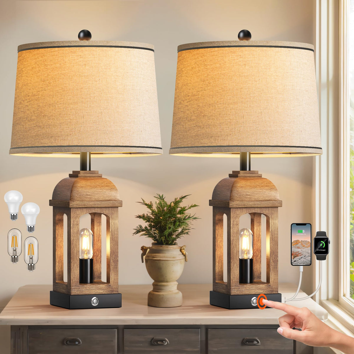 QiMH table lamp with wood grain body enhances living room warmth and style