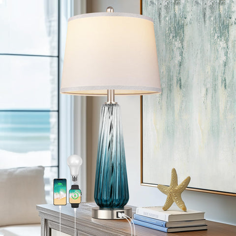 QiMH teal gradient glass table lamp front view enhances ambience with chic bedside lighting.