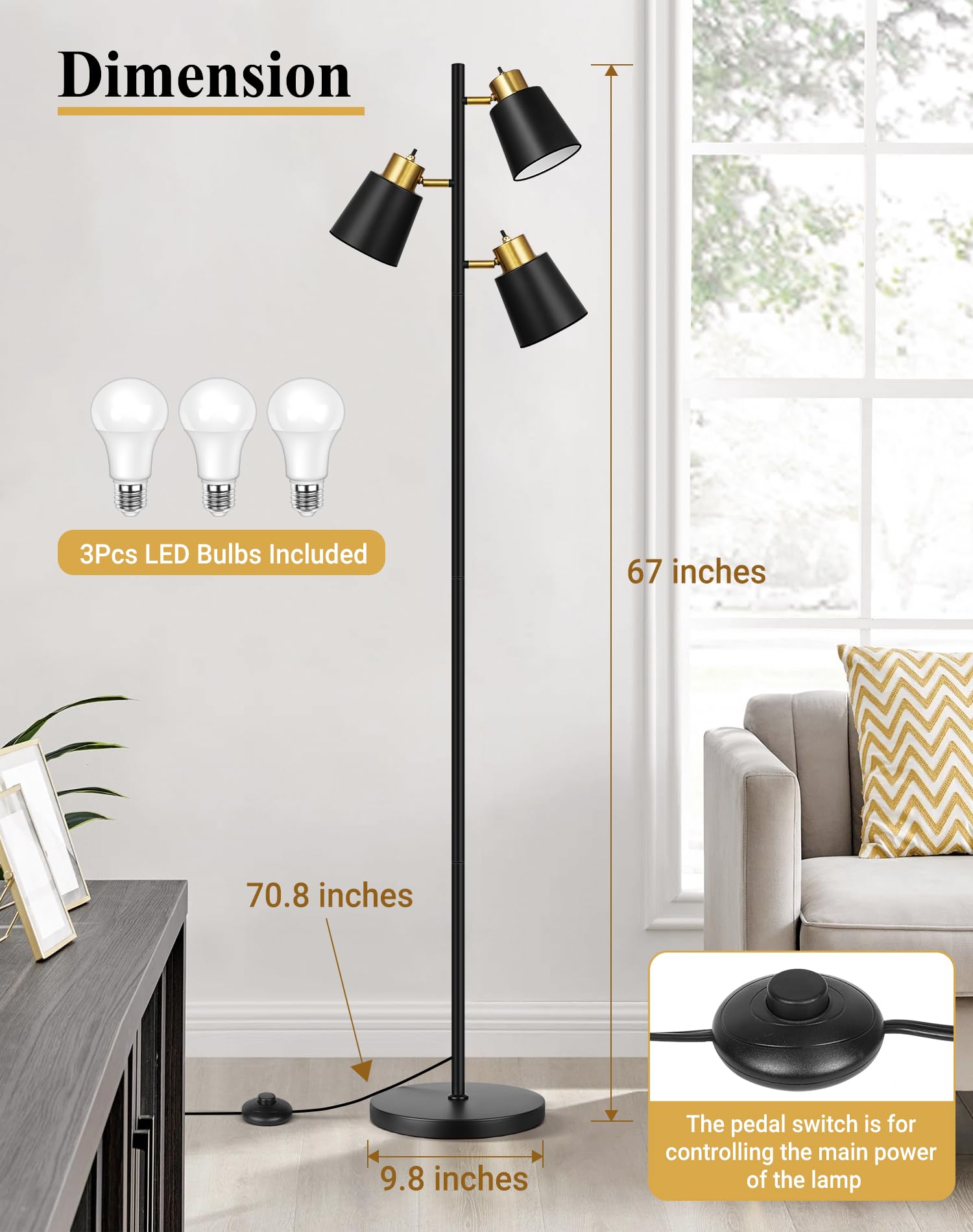 QiMH Tree Floor Lamp includes three 9W LED bulbs for immediate warm light.