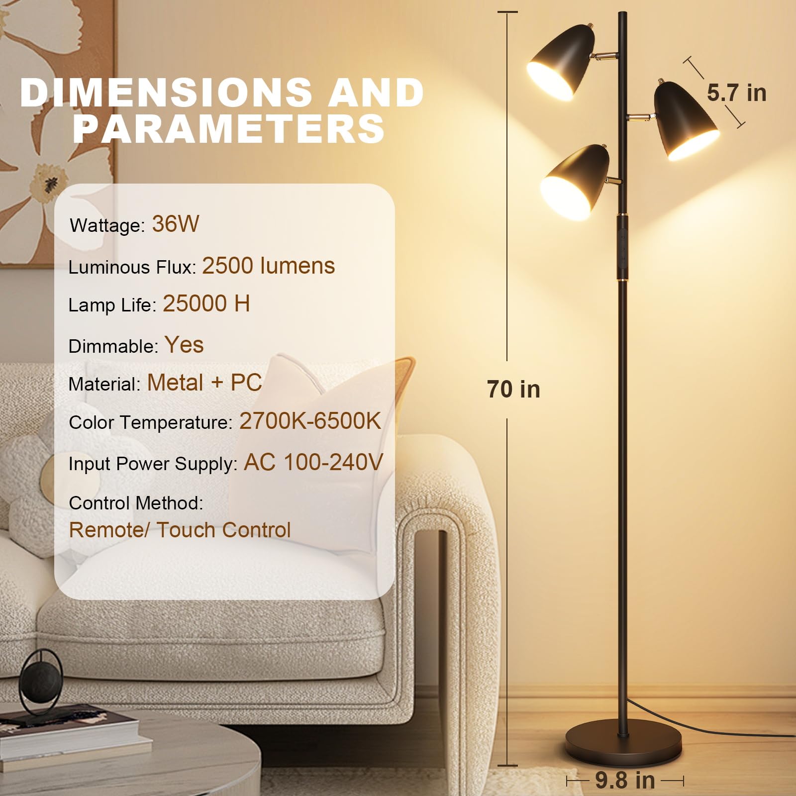 QiMH tree floor lamp with rotatable lights for versatile positioning.