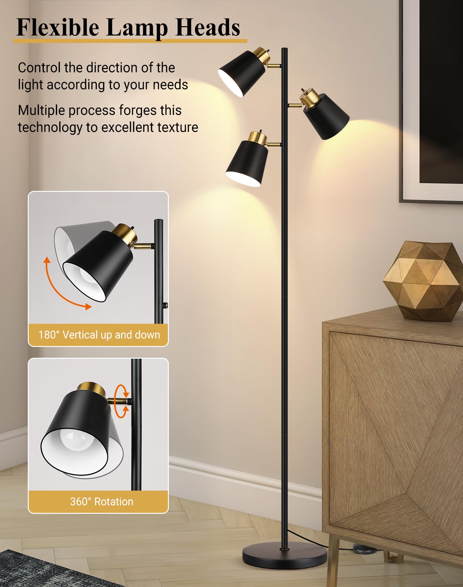QiMH Tree Floor Lamp with independent head switches enables tailored lighting zones.