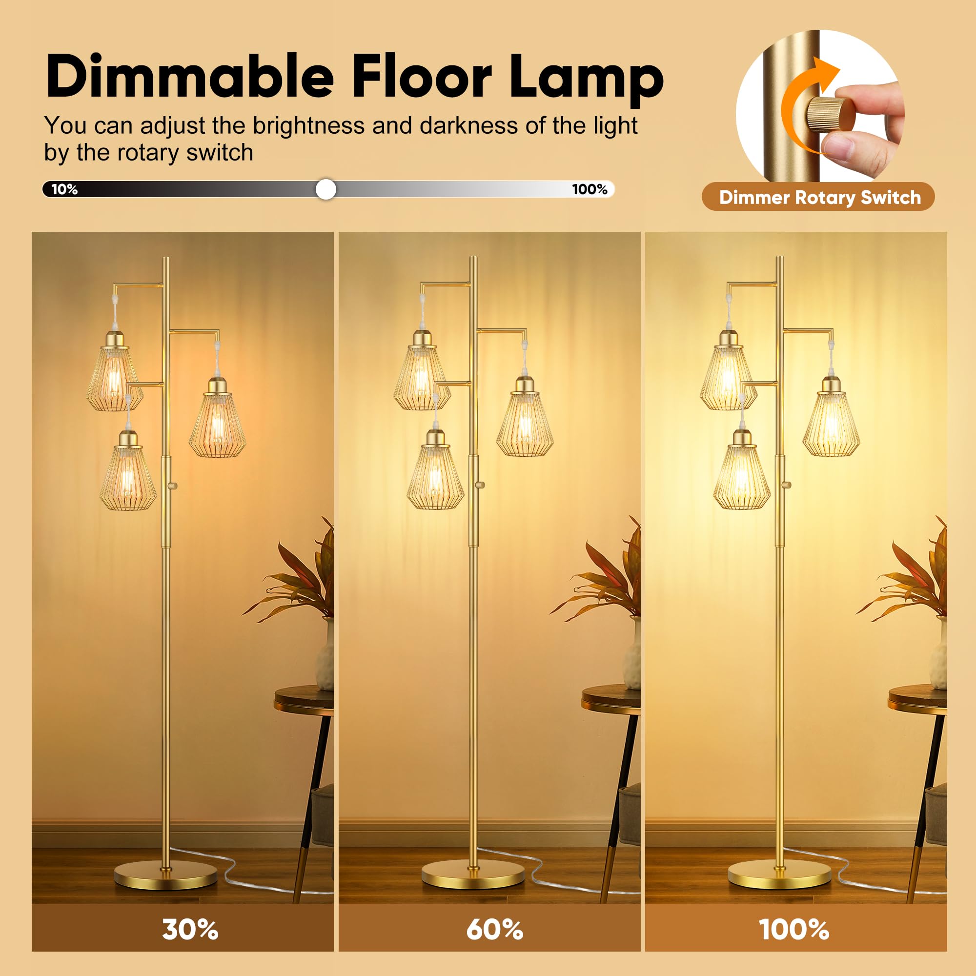 QiMH tree-standing lamp with three bulbs for versatile illumination in rooms