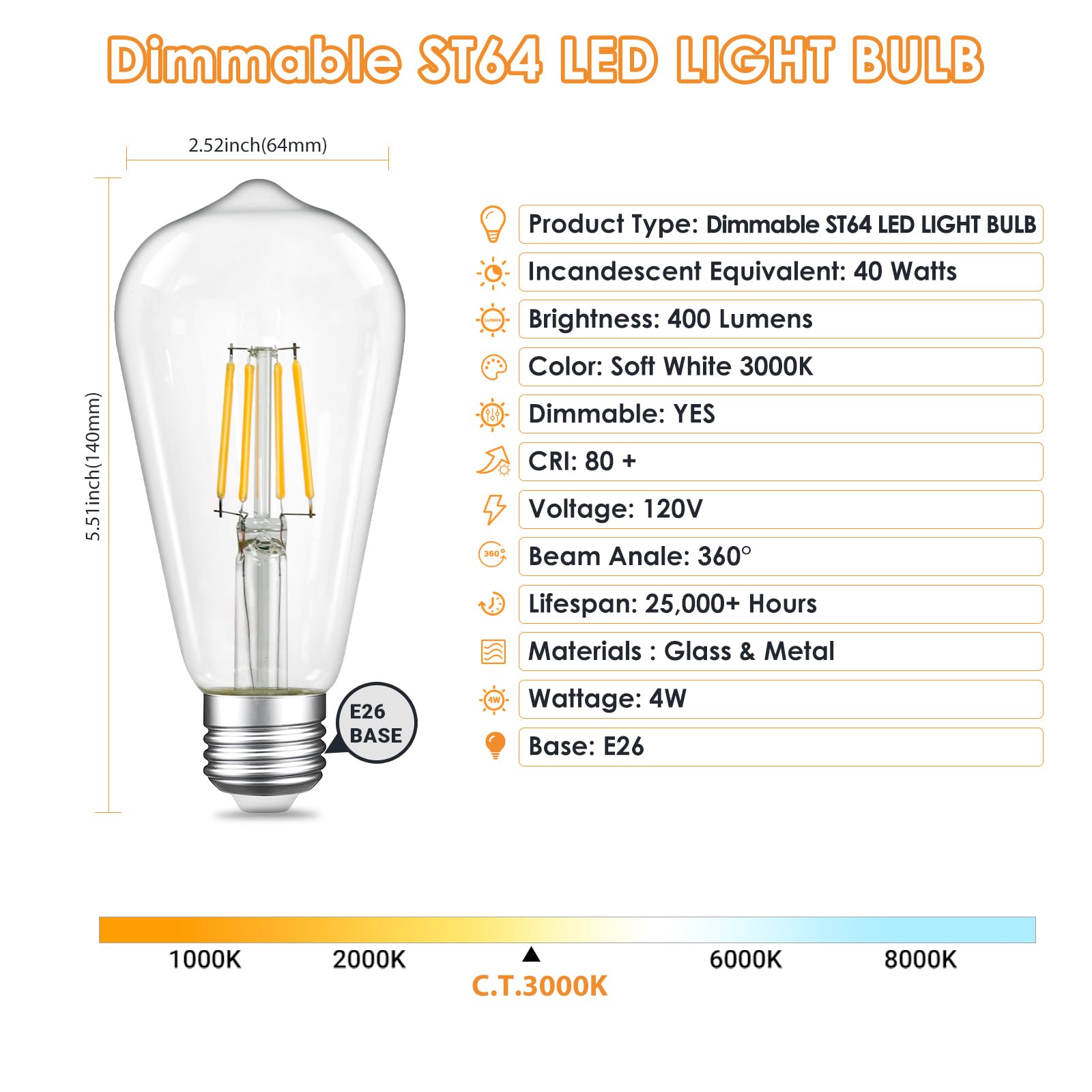 Qingmiao dimmable LED Edison bulbs in a chandelier for a 360 degree warm glow.
