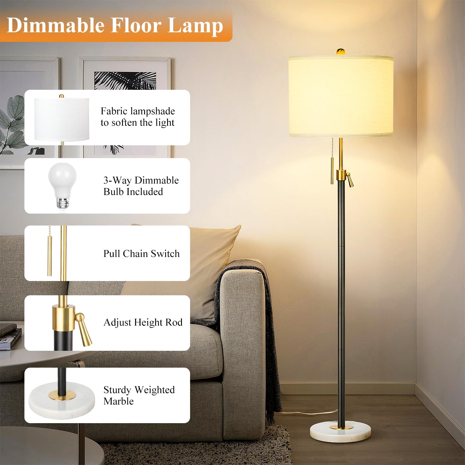 Qingmiao adjustable-height floor lamp reaches 54 to 66 inches for flexible setup.