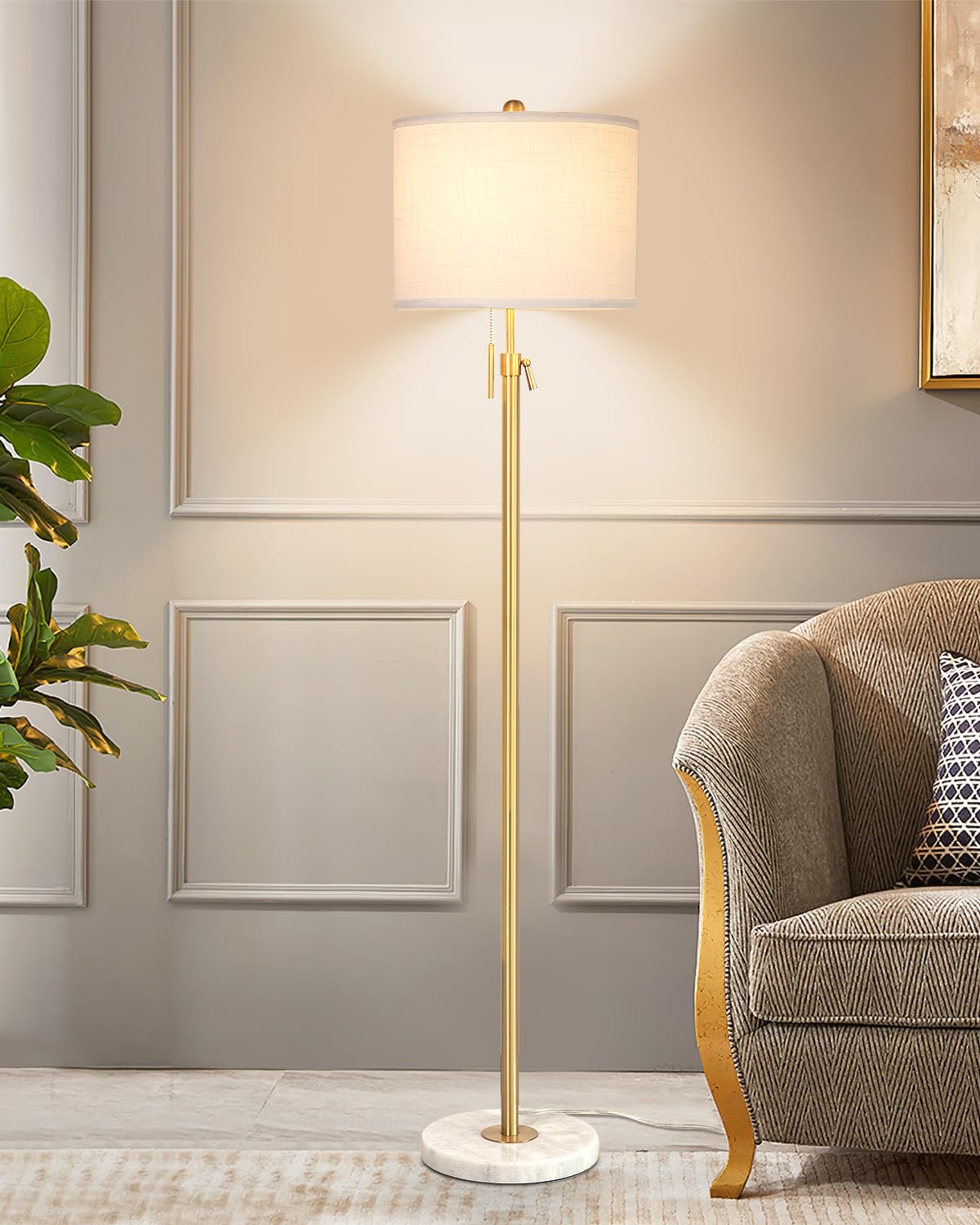 Qingmiao gold floor lamp base detail adds chic modern style to living rooms.