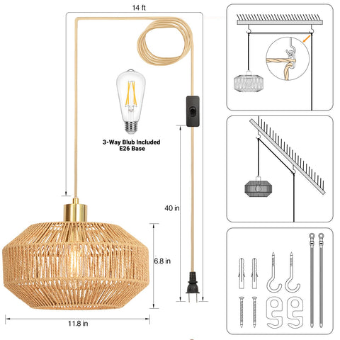 Qingmiao plug-in pendant light with a 14ft cord for flexible ceiling height.