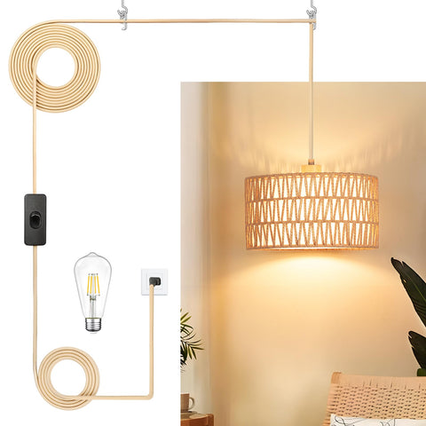Qingmiao plug-in pendant light with rattan paper-woven shade enhances boho ambiance.