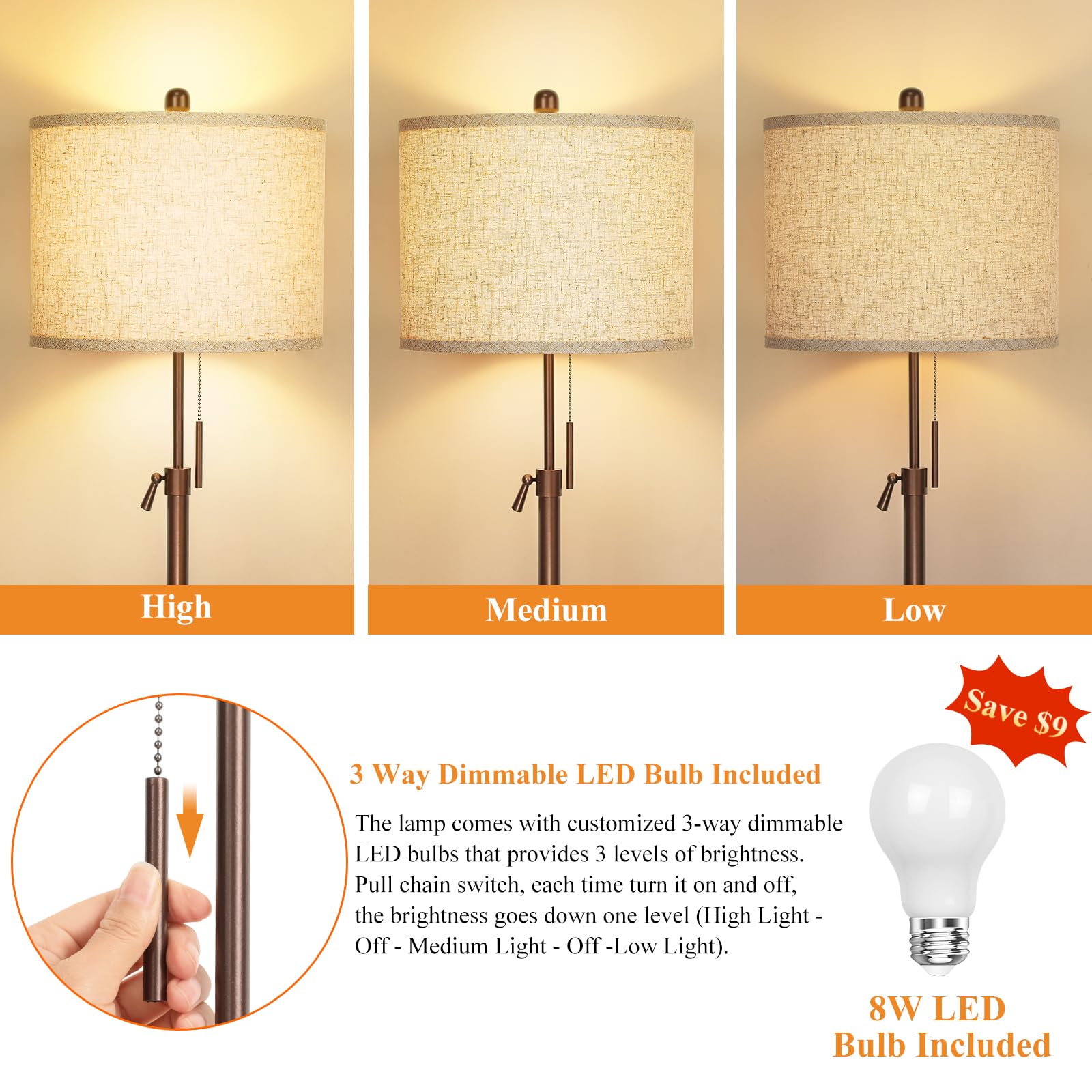 Qingmiao pull-chain switch for easy on/off control from seating.