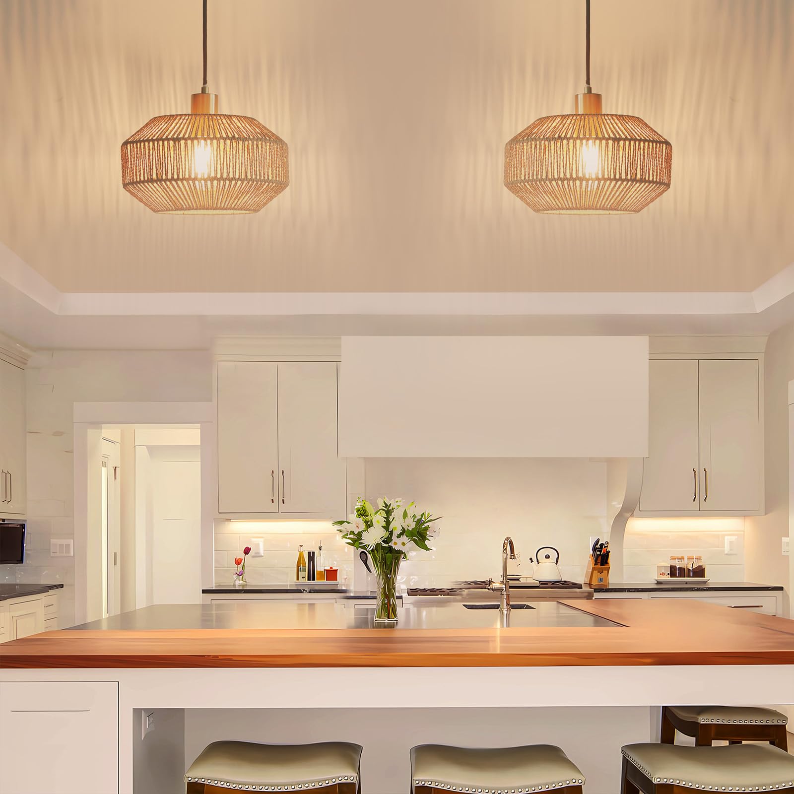 Qingmiao rustic farmhouse lighting enhances kitchen and dining ambiance.