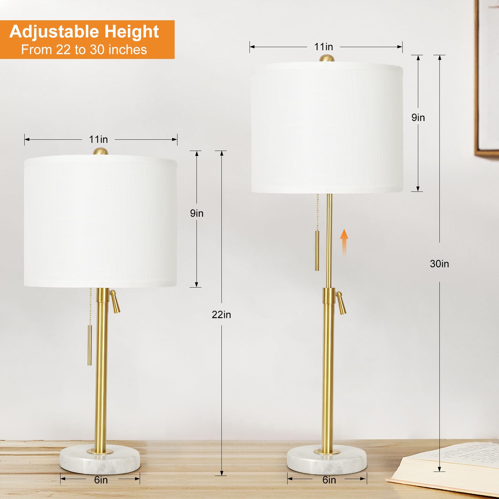 Qingmiao table lamp height adjustable from 22 to 30 inches for flexible lighting.