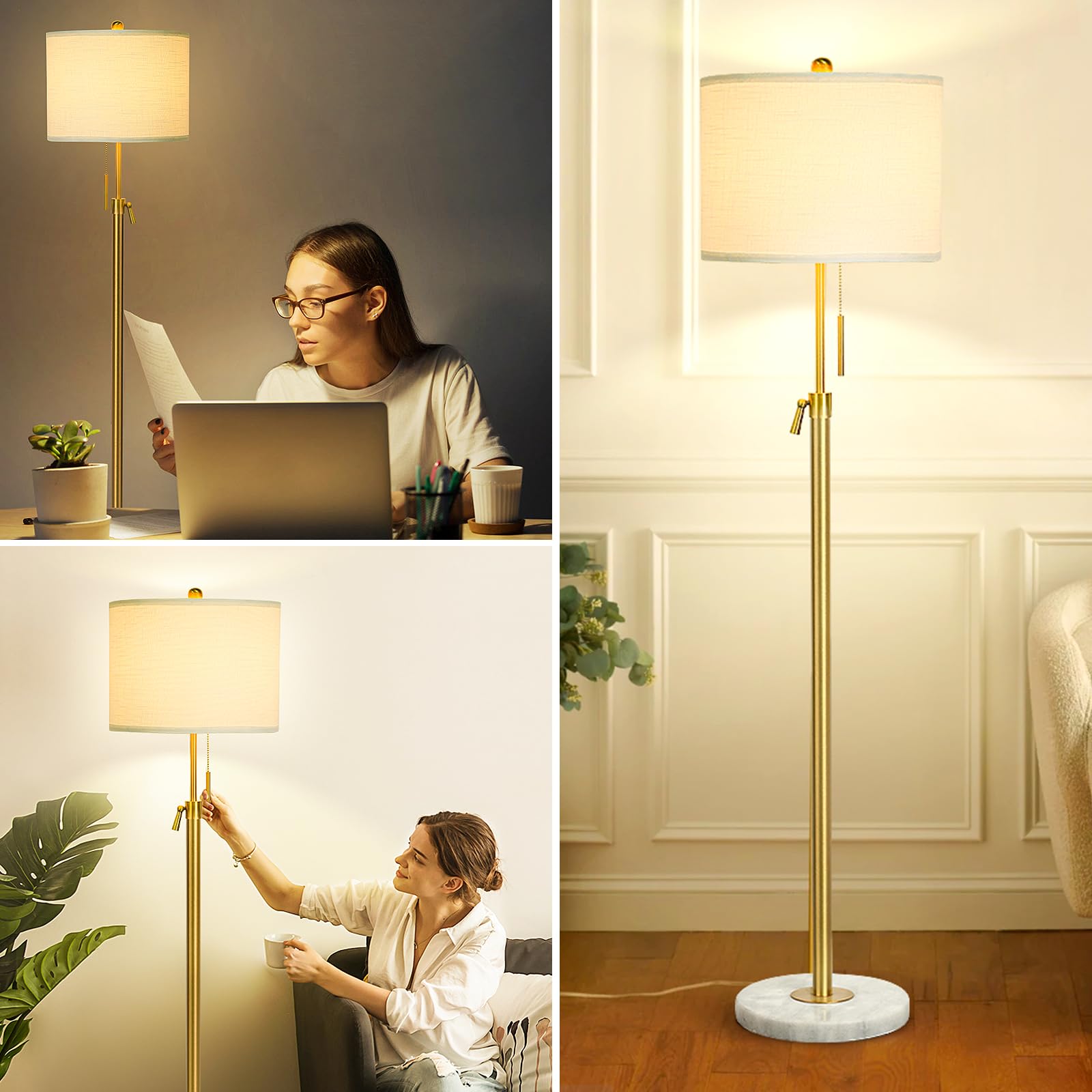 Qingmiao white lampshade with gold pole creates bright, inviting atmosphere.