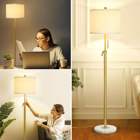 Qingmiao white lampshade with gold pole creates bright, inviting atmosphere.