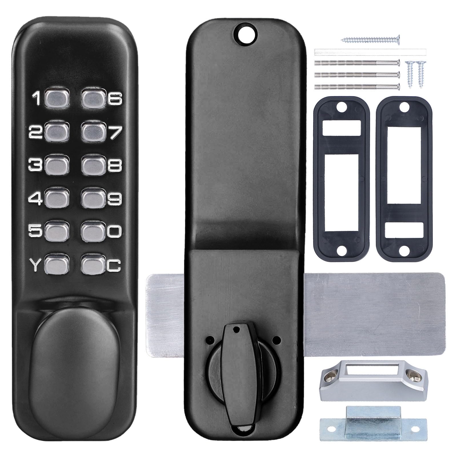 Black finish Qivine mechanical keyless lock installed on exterior door