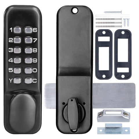 Black finish Qivine mechanical keyless lock installed on exterior door
