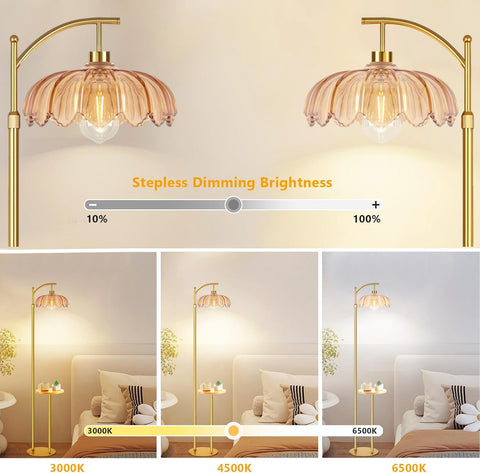 QIYIZM glass arc lamp with brass finish creates dramatic overhead light.