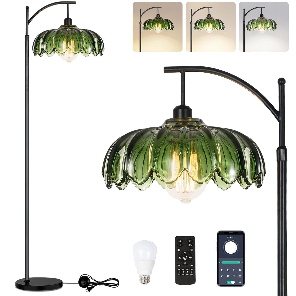 QIYIZM glass floor lamp with green shade enhances living room aesthetics