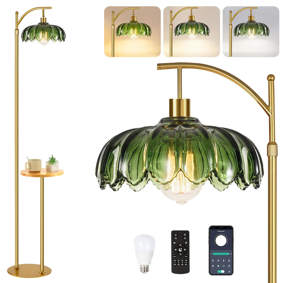 QIYIZM glass floor lamp with table shelves in arc design brightens living rooms