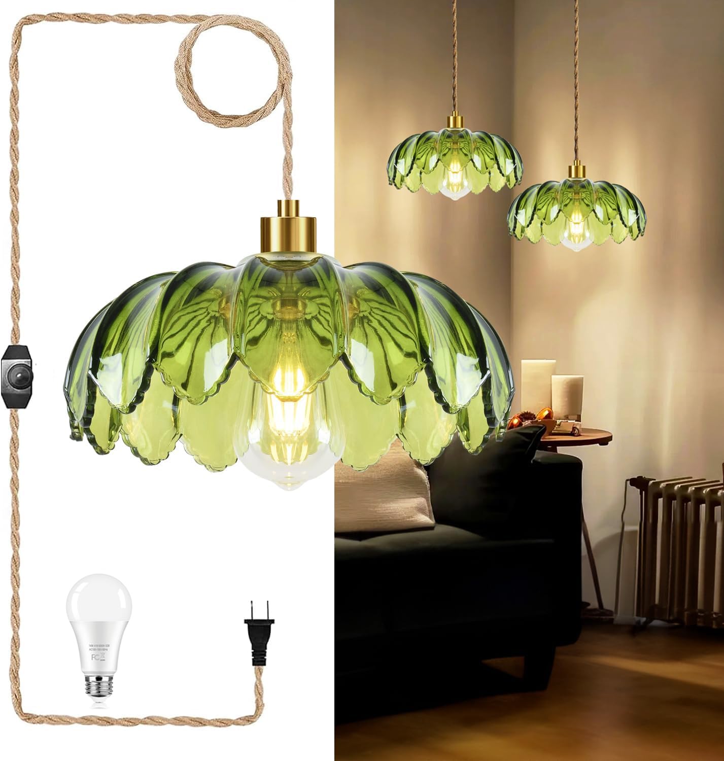 QIYIZM glass green flower pendant light adds stylish focal lighting for living rooms.