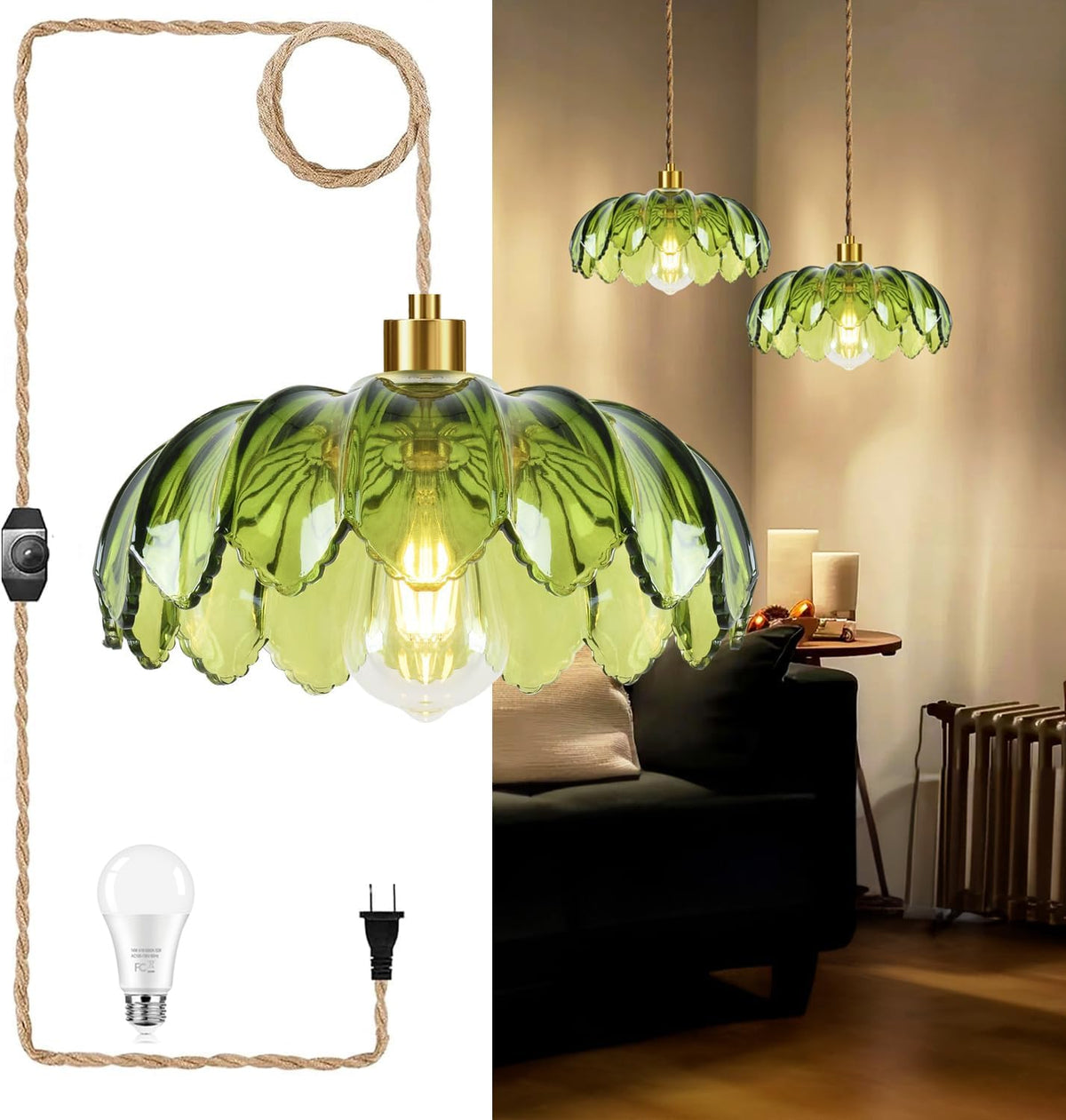 QIYIZM glass green flower pendant light adds stylish focal lighting for living rooms.