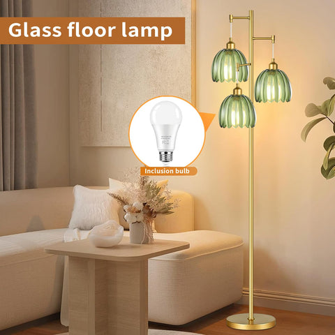 QIYIZM gold floor lamp green glass flower shade creates a soft, decorative glow.