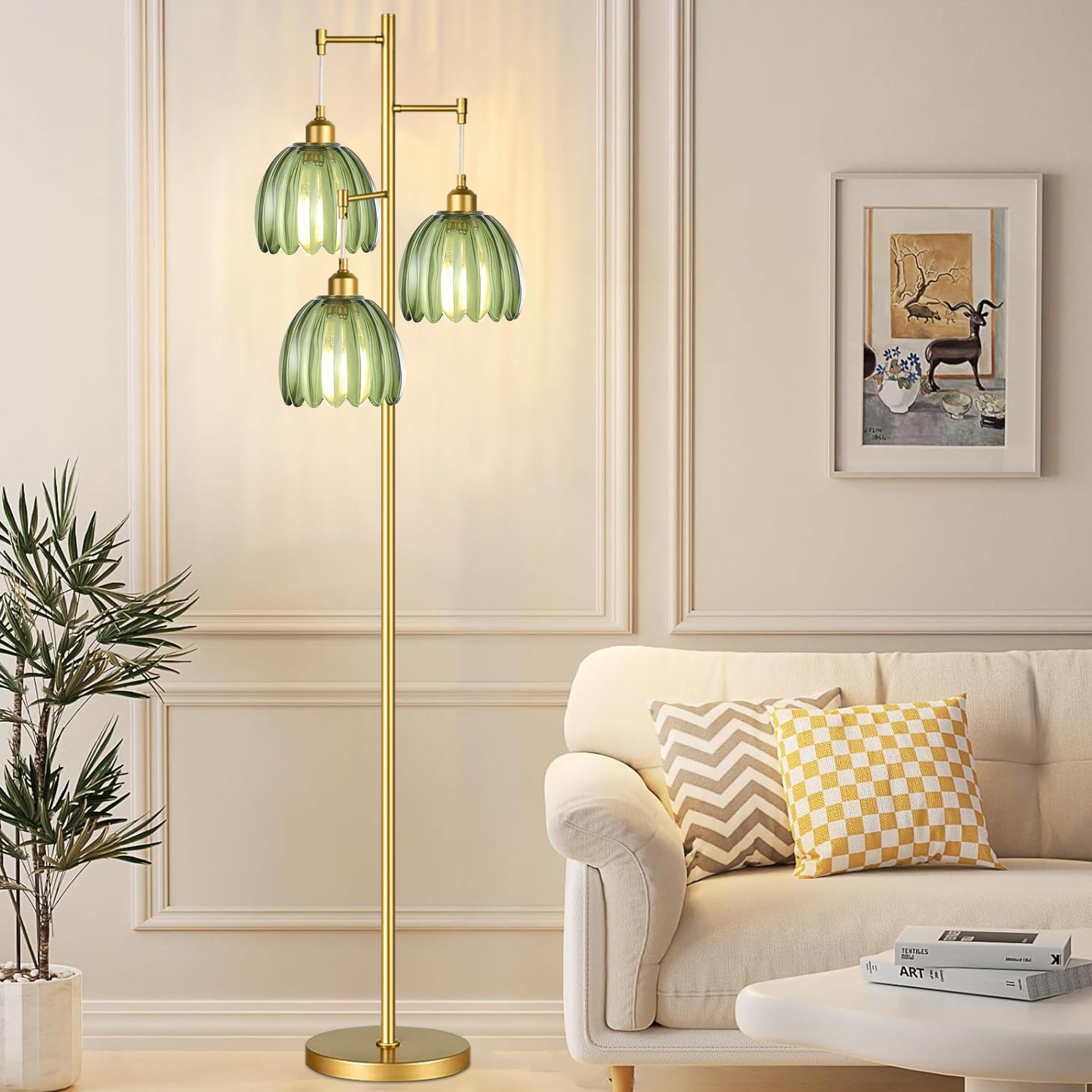 QIYIZM gold floor lamp rotatable heads reach 330 degrees for flexible lighting.