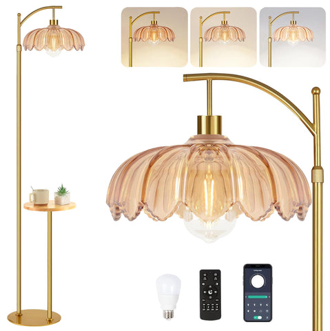 QIYIZM gold floor lamp with table shelves provides warm ambient lighting and built-in storage.