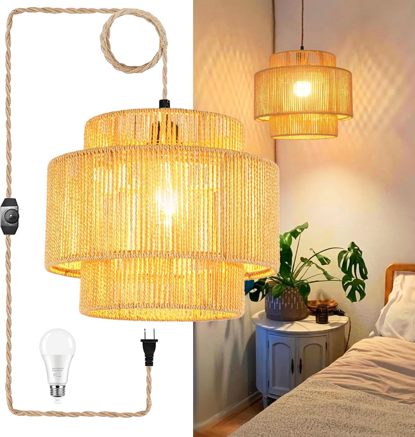 QIYIZM plug-in pendant light with a woven bamboo shade adds boho charm to any room