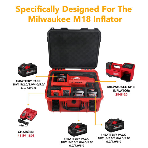 QKJCE case with foam inserts protects the Milwaukee inflator and accessories