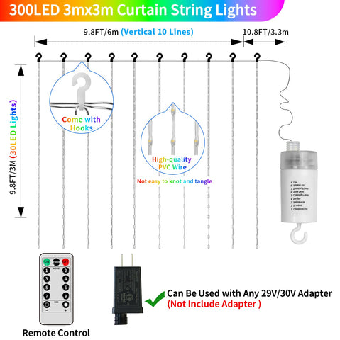 QLIRJAD curtain lights spanning 3m x 3m for spacious drapery