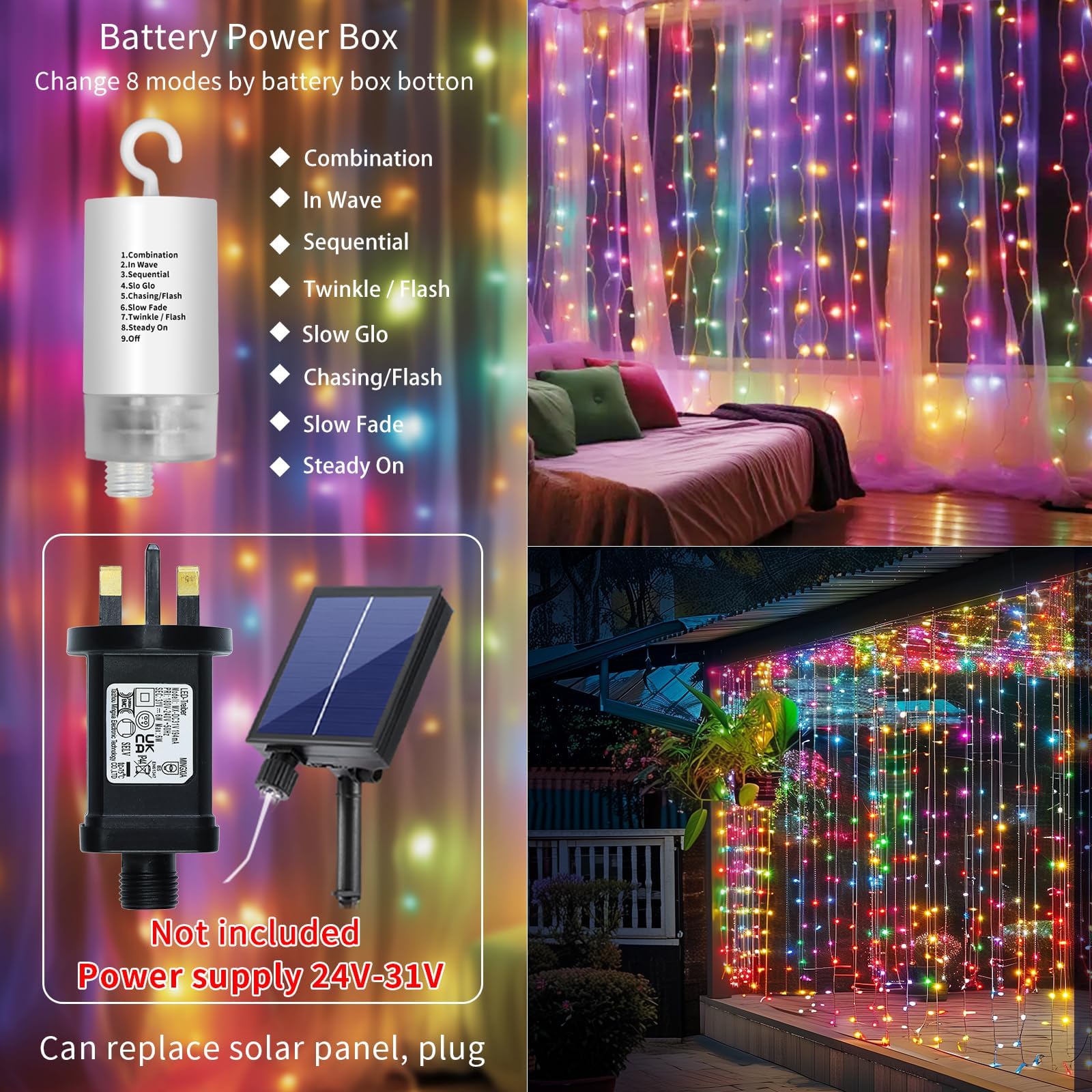 QLIRJAD curtain lights mounted outdoors with IP65 waterproof rating