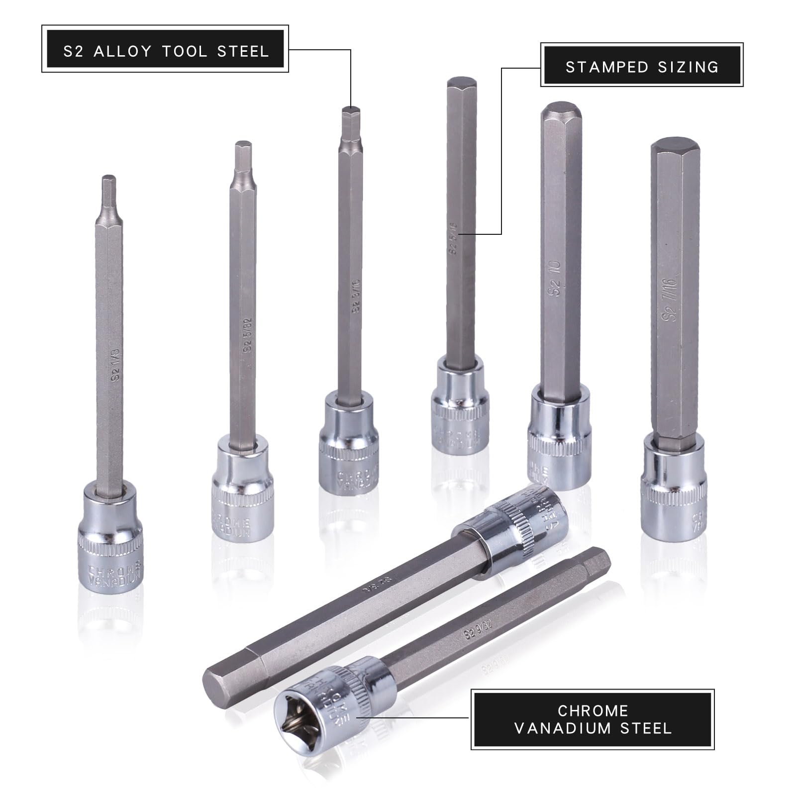 Qnkaa Cr-V sockets with a polished mirror finish for durability