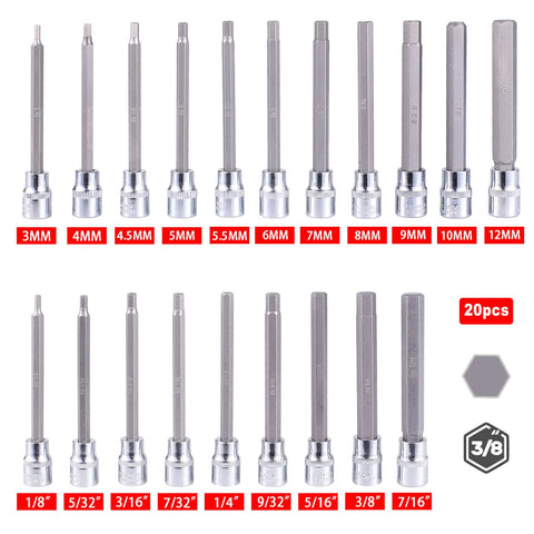 Qnkaa SAE hex bits from 1/8 to 7/16 inch paired with sockets