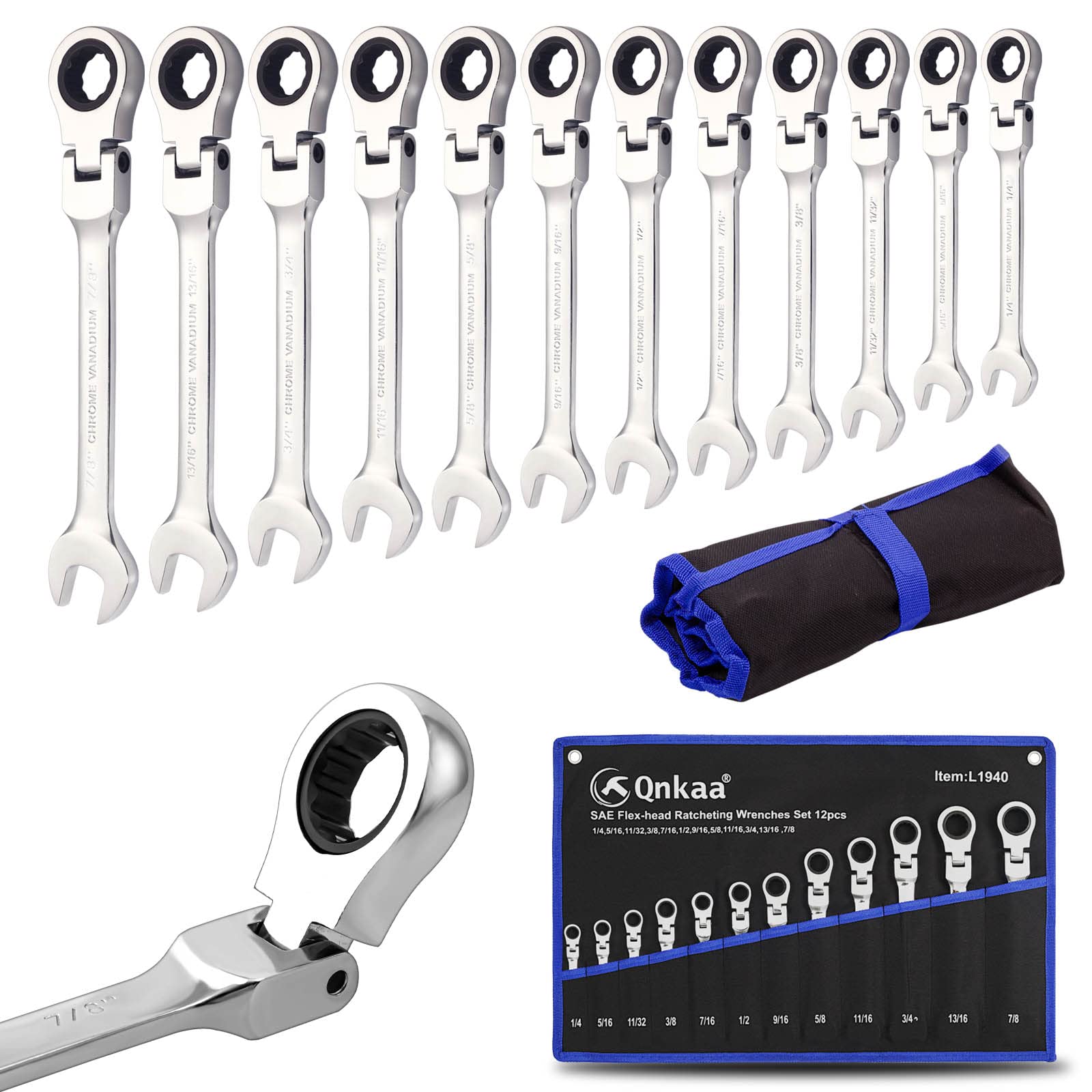 Qnkaa SAE ratchet wrenches 12pc set in rolled bag for organization